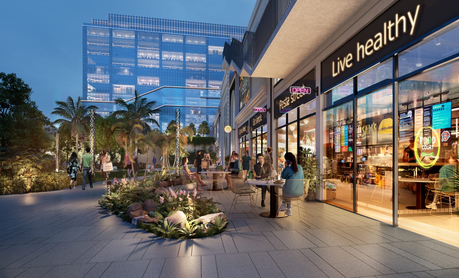Retail boulevard with cafes, restaurants and shopping promenade at CRC Flagship Sector 140A Noida