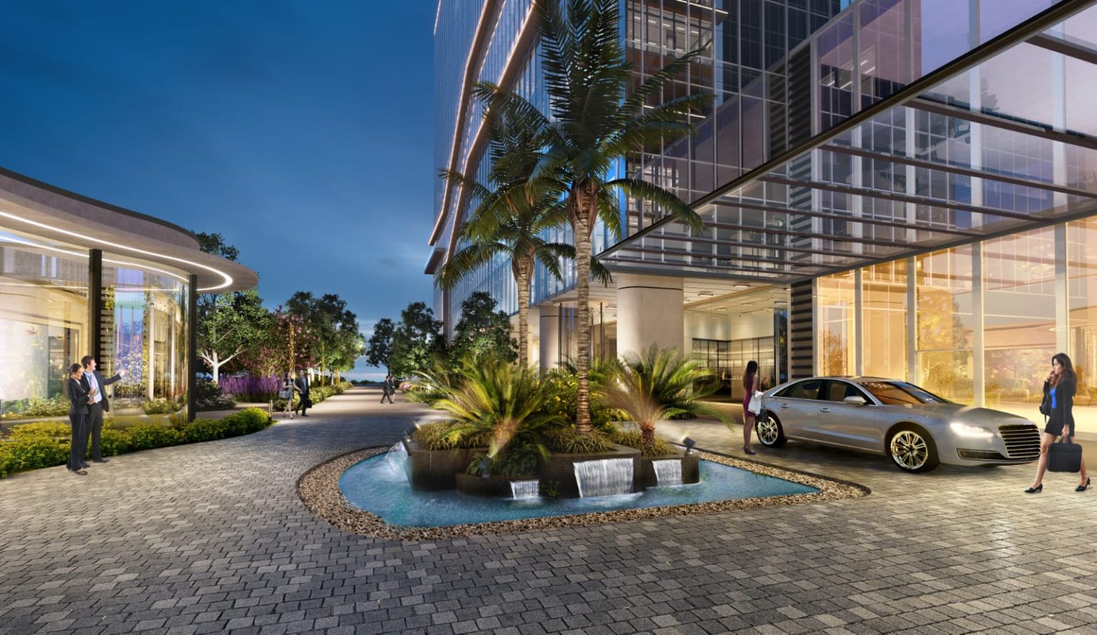 Luxury office entrance with landscaped driveway and premium business district at CRC Flagship Sector 140A Noida