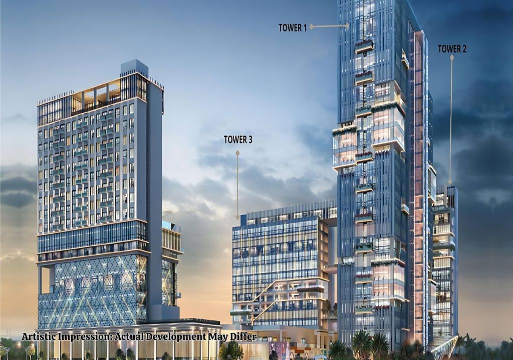 CRC Flagship commercial plaza with digital display and landscaped public space in Sector 140A Noida