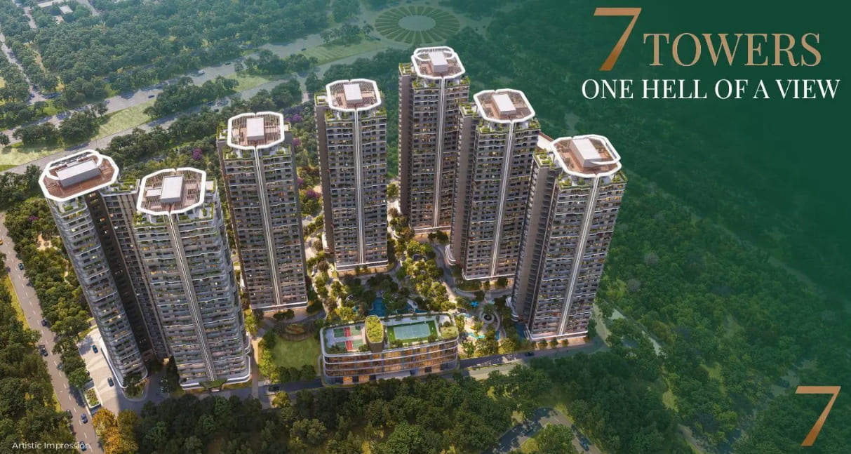 Aerial view of Eldeco 7 Peaks luxury residential towers and clubhouse in Omicron 1A Greater Noida