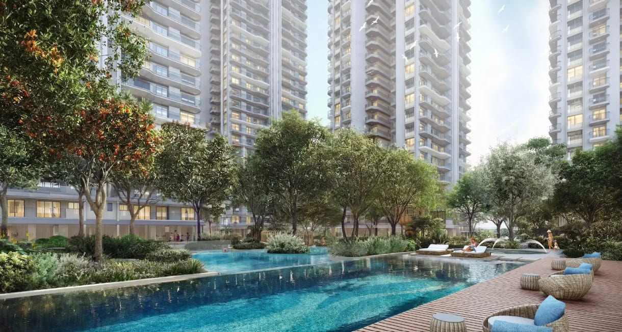 Landscaped swimming pool surrounded by luxury residential towers at Eldeco 7 Peaks Omicron 1A Greater Noida