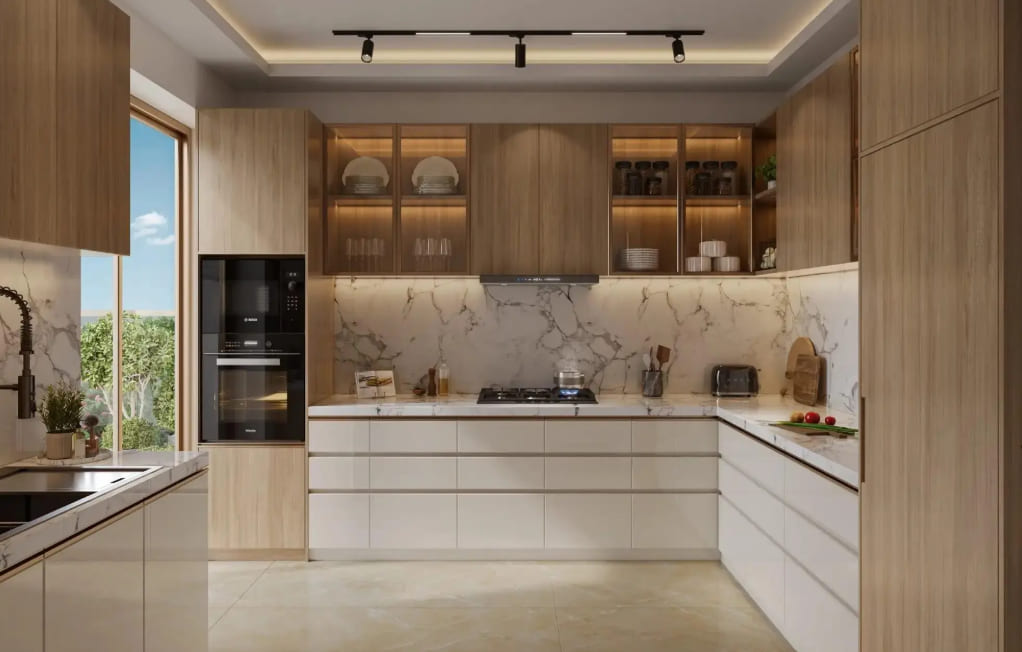 Modern modular kitchen in luxury apartments at Eldeco 7 Peaks Omicron 1A Greater Noida