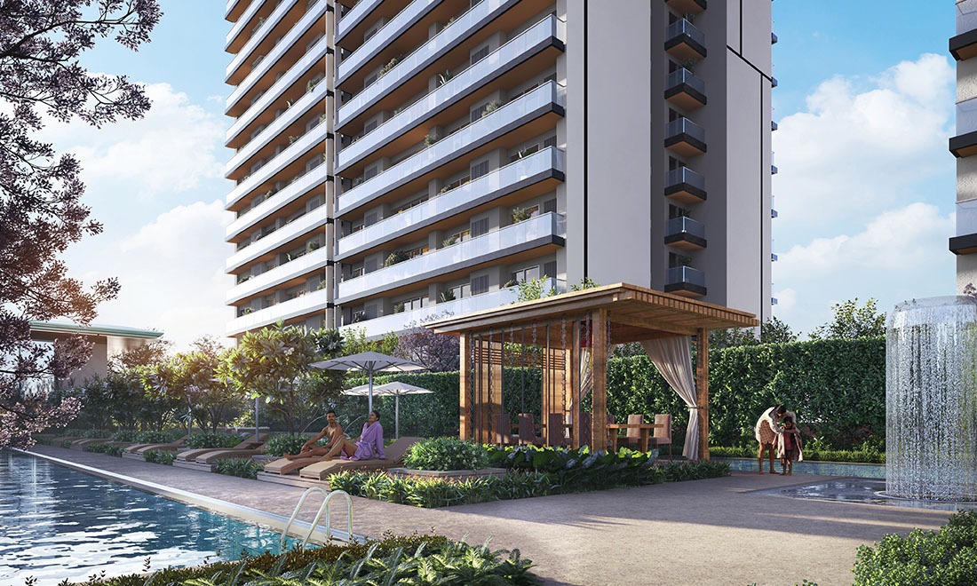 Swimming pool and landscaped leisure deck at Experion Satori Sector 151 Noida