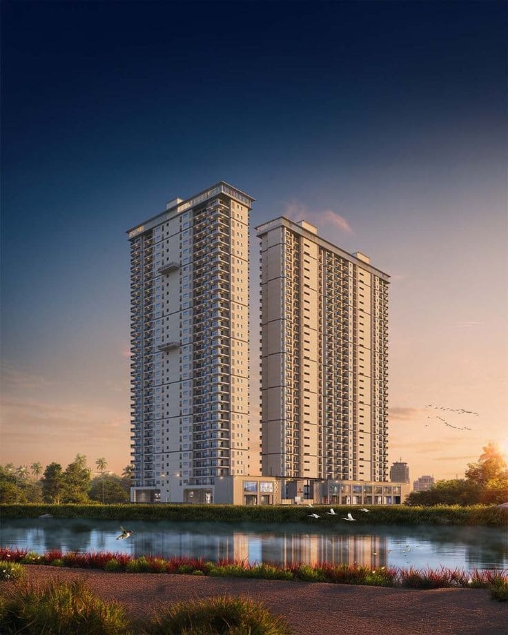 Luxury apartment towers overlooking a waterfront in Greater-Noida