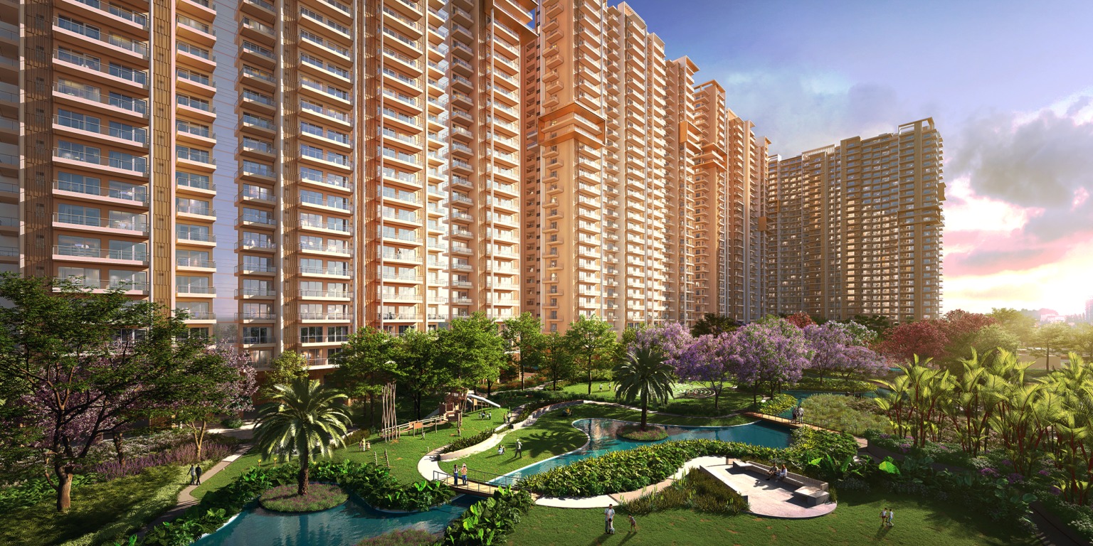 Lush central landscaped gardens with water features at Ivory County Noida