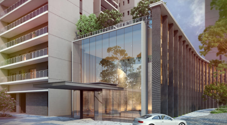 Contemporary glass clubhouse at Krisumi Waterfall Residences in Gurugram