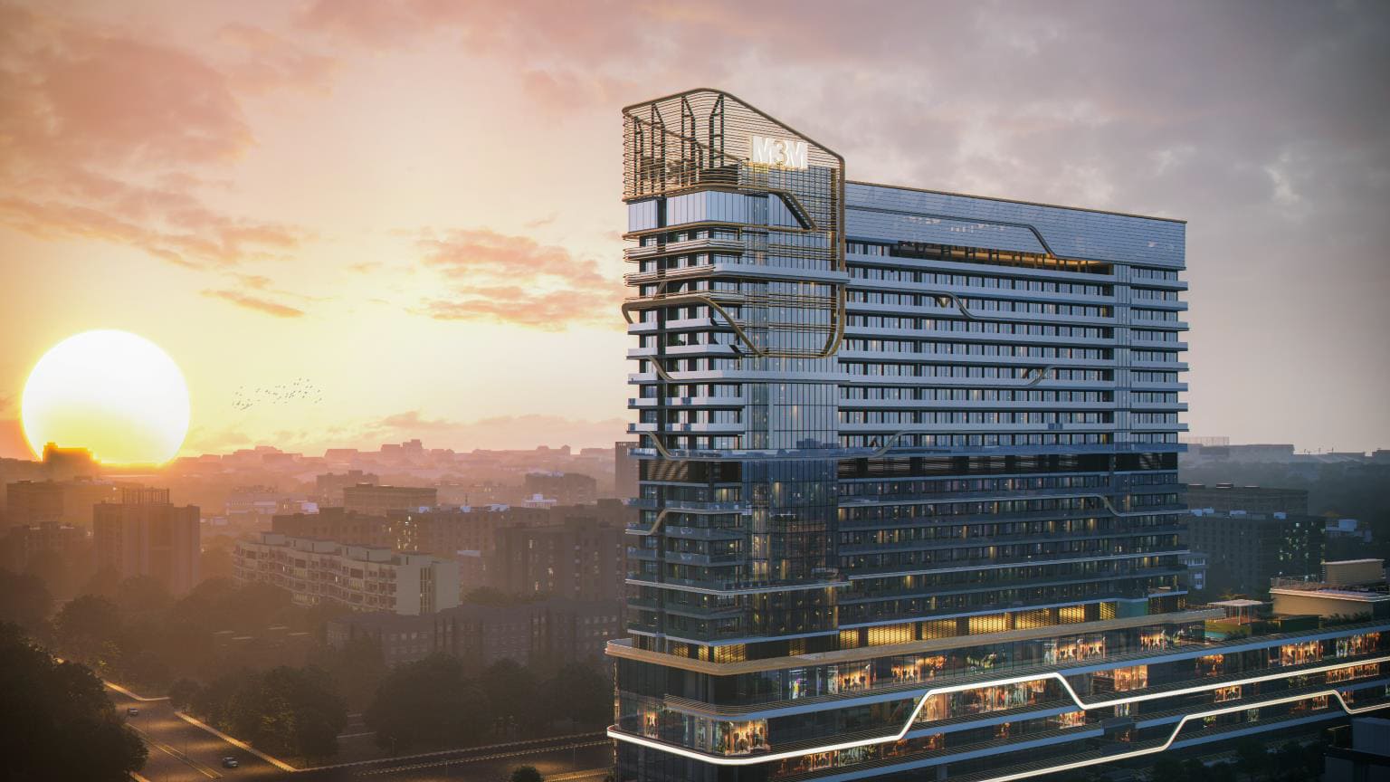 Sunset skyline view of M3M 72 commercial tower