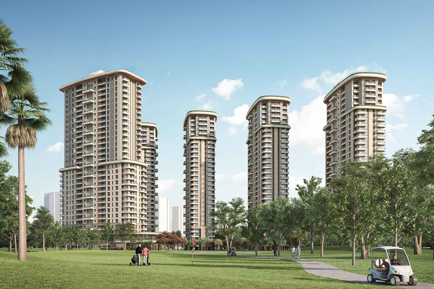 Beautiful landscape view of modern curved-roof apartment towers rising over a sprawling green lawn with a golf cart