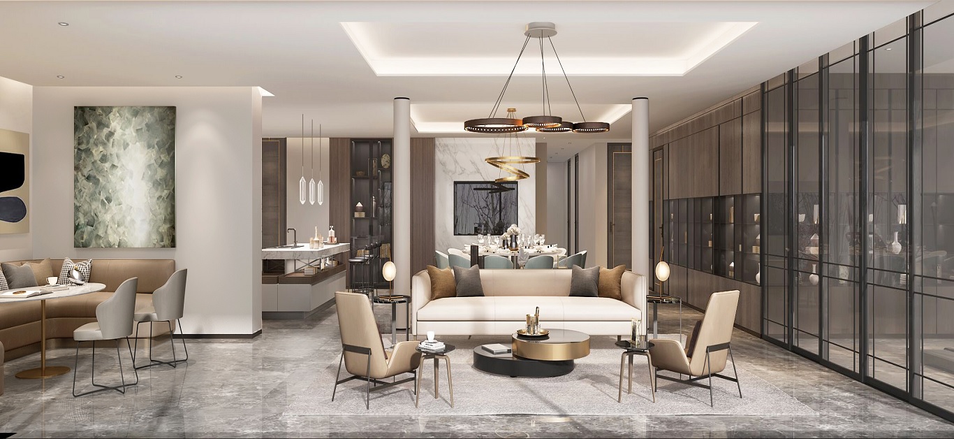 Ultra-luxury spacious living room interior featuring sleek modern furniture, polished marble floors, an abstract painting, and a dining space layout