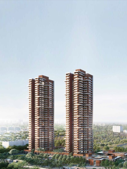 Aerial perspective showcasing two premium terracotta-hued residential skyscrapers surrounded by rich green tree canopies