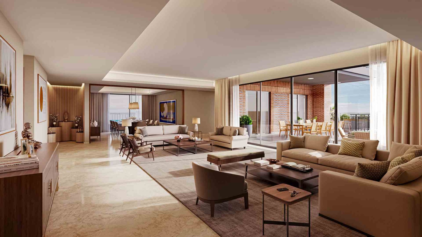 Stunningly spacious and open living room lounge with warm, natural tone furniture leading out to a large outdoor patio dining space