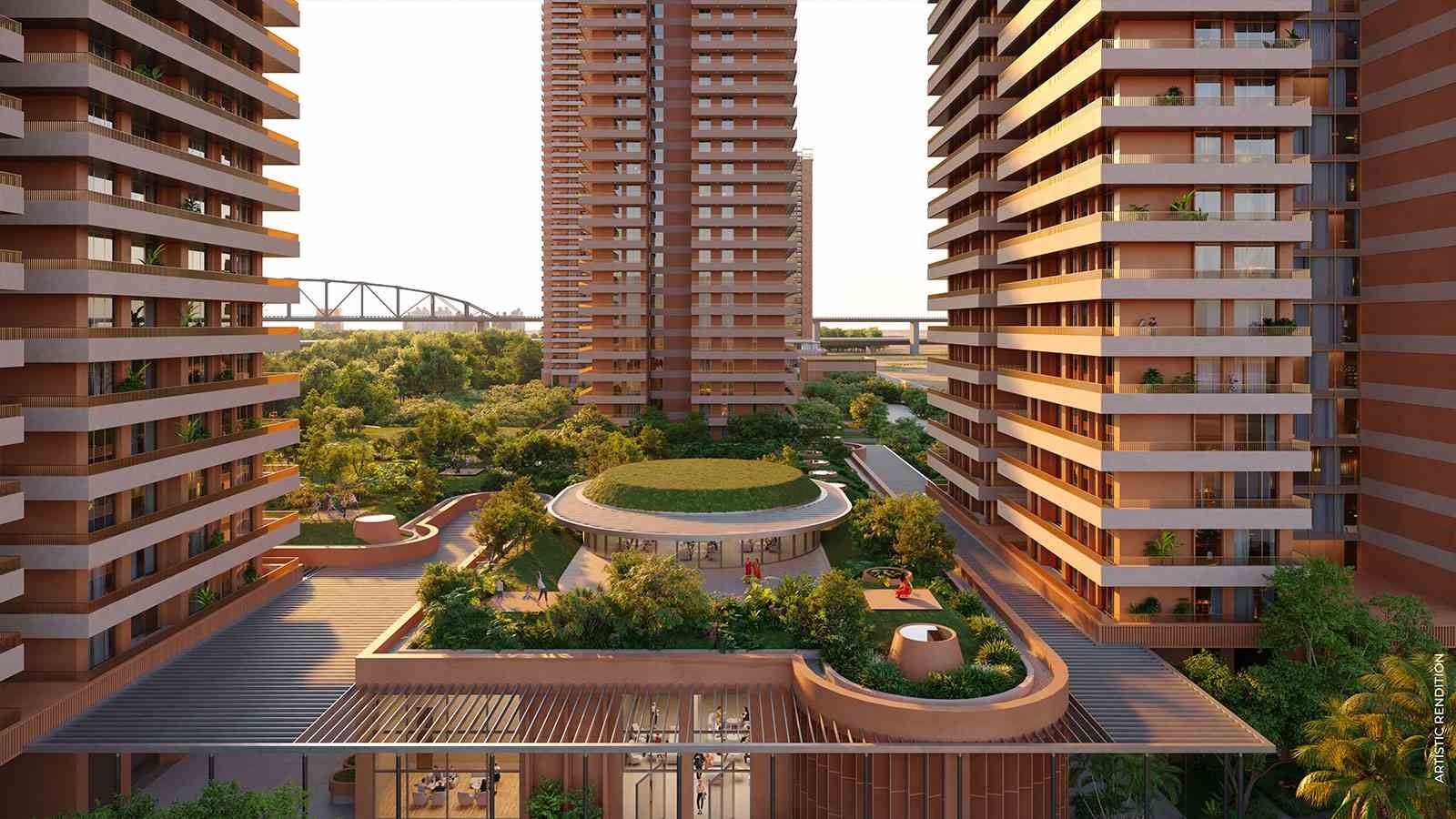 Architectural rendering of an elevated community podium garden featuring a circular green roof lawn nestled between high-rise buildings