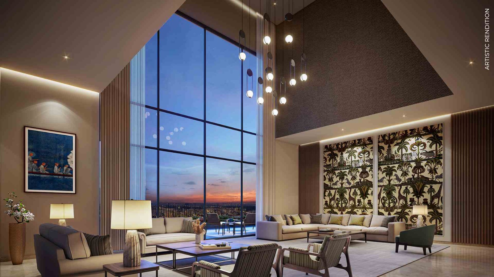 Ultra-luxury double-height ceiling penthouse lounge featuring an expansive glass facade window overlooking a sunset skyline view