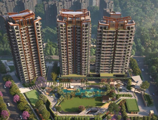 Aerial layout view of Northwind Sanctuary luxury apartment towers featuring a central swimming pool complex and landscaped lawns