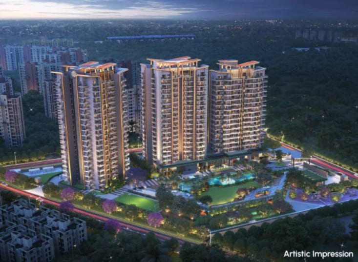 Wide bird's eye view artistic impression of the complete Northwind Sanctuary residential society development at night