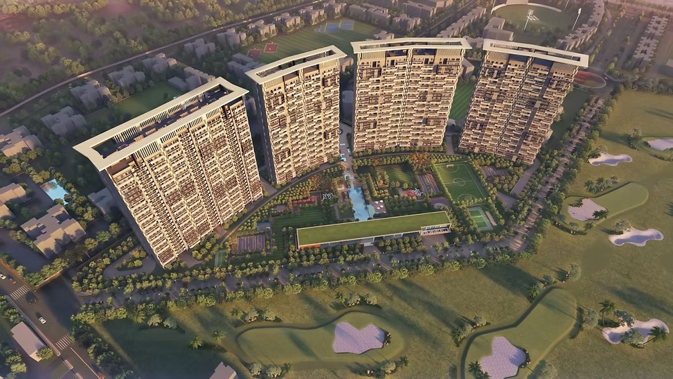 Bird's eye view of Prateek Canary residential project with landscaped amenities in Sector 150 Noida